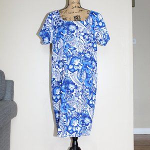 Hawaiian Barkcloth Knee Length Blue White Floral Sheath Dress Women's XL/XXL
